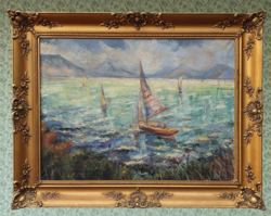 Kvalitásos tájkép festmény, talán Balaton, eredeti restaurált keretében