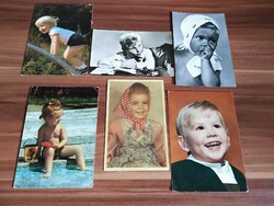 6 db gyerekekről készült képeslap, 1955-től 1970-es évek körüliek