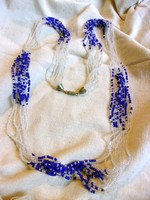 Art deco nyolcsoros kék-fehér üveg gyöngysor nyaklánc 80 cm