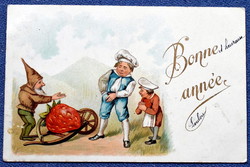 Antik Újévi üdvözlő  litho képeslap  törpe és törpe szakácsok az Óóriási eperrel üzletelnek