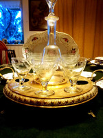 Fabulous antique drink tray + 6 pcs. Brushed glass liqueur set + bottle - art&decoration