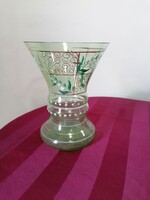 Világoszöld üveg váza, kézzel festett gyöngyvirág mintás