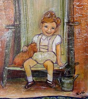 Prima díjas művésztől. A nevetés.Egy retró kisfiú.40x30 cm. Károlyfi Zsófia (1952)