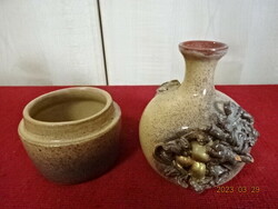 Glazed ceramic vase with a raised pattern, height 8.5 cm. The sugar bowl is signed. Jokai.