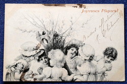Antik MM Vienne Wichera Húsvéti üdvözlő képeslap fatörzs körül táncoló gyerekek