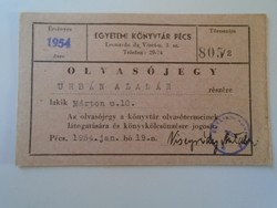 Za428.6 Pécs university library - reading ticket 1954 urban price