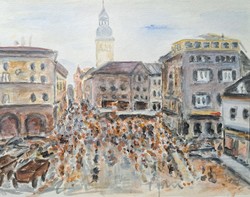 Városi forgatag (akvarell, 1996) azonosítatlan jelzéssel (29x23 cm) tömeg a téren, városkép