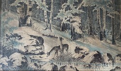 Forest detail with deer - colored individual ink