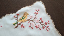 Old tablecloth embroidered with a bird pattern, small tablecloth with spring flowers, needlework