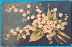 Antik virágos üdvözlő képeslap, gyöngyvirág, futott