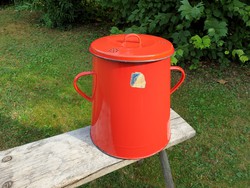 Enameled old vintage 10 liter red iron enameled medium size lidded 10 l fat pail pail