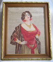 Gobelin női figura kép keretezett , üvegezett 53 x 43,5 cm antik
