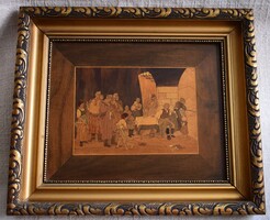 Fa antik intarzia kép , életkép jelent 1904 .....nák Ferenc  36 x 31,5 cm