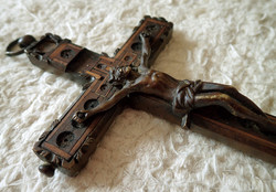 Antik régi retró vintage réz bronz fém fa feszület kereszt Corpus Jézus Krisztus keresztény vallás