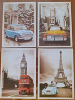 Régi stílusú 4 db képeslap London Párizs New York vintage autó fotó