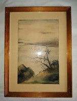 Lake Balaton spring painting watercolor mural in glazed picture frame 27.5 * 37.5 cm