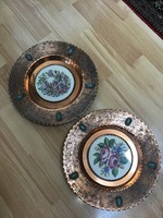 Old copper wall plate, 2 decorated with needle tapestry and fire enamel.