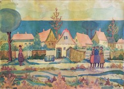 Durkó Gábor (1916-2003): Találkozás a faluszélen - akvarell
