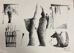 Szalay Pál (1953-2015): Szürrealista alakok -  Tus, papír. Jelzett. 29,5x42 cm