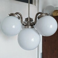 Art deco 3 karos - 4 égős nikkelezett csillár felúítva - tejüveg gömb búrák