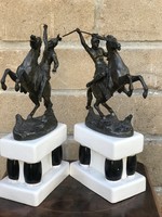 Metal equestrian soldier statue on porcelain pedestal 48cm
