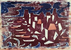 Durkó Gábor (1916-2003): Kikötő sziklákkal - monotípia, akvarell