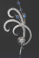 75T. Antik Orosz Art Deco Gyémánt 3Ct 18k fehérarany 16.55g Zafír 0.5Ct Bross első osztályú kövekkel