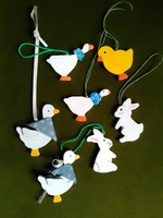 Seven Painted Colorful Wooden Hanging Figures Goose Goose Rabbit Bunny Yellow Chick Easter Spring Decoration