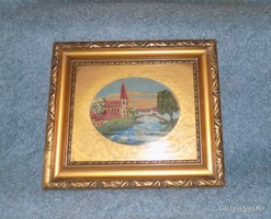 Antik goblein gobelin kép "Templom a folyóparton" üvegezett képkeret 37*43,5 cm