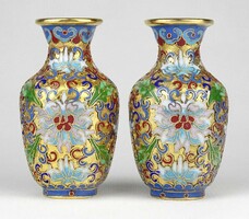 1M574 old fire enamel copper vase pair violet vase pair 10.5 Cm