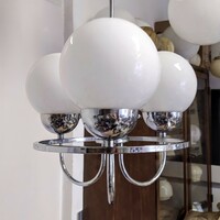 Bauhaus - art deco - streamline - 3-arm chromed chandelier renovated - milk glass spherical shades