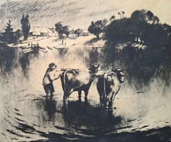 Kórusz József: Tehenek - rézkarc - táj, életkép a Duna partján