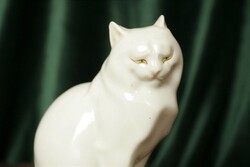 Herendi macska, cica hófehér szobor, figura, jelzett, számozott / TÖKÉLETES állapotban