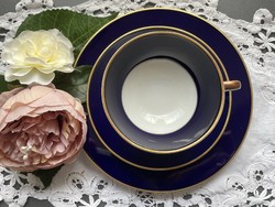 Csodás gyűjtői, art deco kobalt kék, aranyozott Hutschenreuther reggeliző teás csésze szett, trió