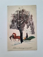 Régi karácsonyi képeslap rajzos levelezőlap lovas szán