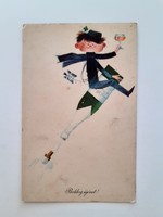 Régi újévi képeslap rajzos levelezőlap pezsgő kéményseprő