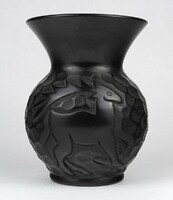 1M597 old deer black earthenware vase 14.5 Cm