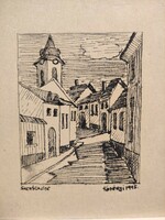 Korényi Attila kortárs festő: kis szentendrei utca részlet templommal 1995. tus karton keret nélkül