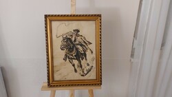 (K) Benyovszky István rézkarc 46x60 cm kerettel. Képeken látható patinás állapotban.
