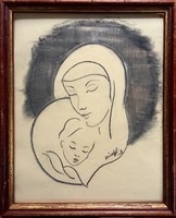 Anyaság című  kép,Prima díjas művész alkotása, KZs/1952   Tanúítvány, pecsét van.