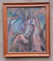 Zoltán Klie: horses. Oil, canvas on cardboard. Size: 31x37 cm. With frame