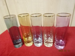 Liqueur glass, colored glass, gold rim, five pieces. Jokai.