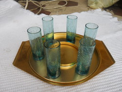 Ritka kék karcagi fátyolüveg röviditalos pohárkészlet képcsarnokos alutárcával