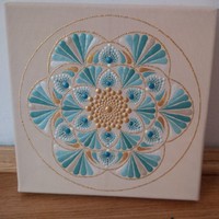 New! Beige turquoise blue gold mandala picture hand painted 20x20cm