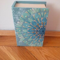 New! Book-shaped wooden box, hand-painted with blue, green, gold mandala decoration