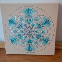 New! Beige turquoise blue silver mandala picture hand painted 20x20cm