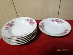 Chinese porcelain deep plate with six cyclamen-colored flowers. Jokai.