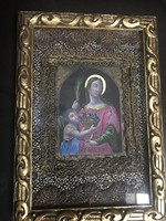 A very special painted paper holy image, decorated with metallic thread lace