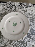 Herend green floral cake stand with basket-weave edge, label.