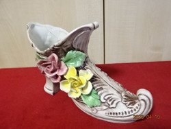 Antique, glazed ceramic boots, hand-painted, rose pattern. Jokai.
